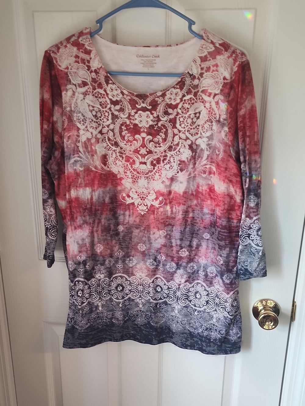 Coldwater Creek Red to Navy Ombre Lace-Print Tunic